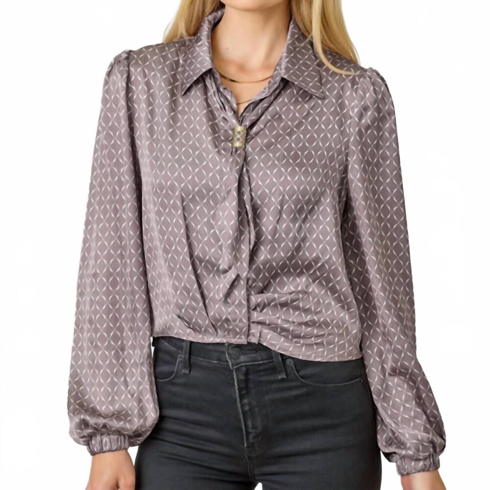 NEW MYSTREE pacey geo print scarf blouse in ash
